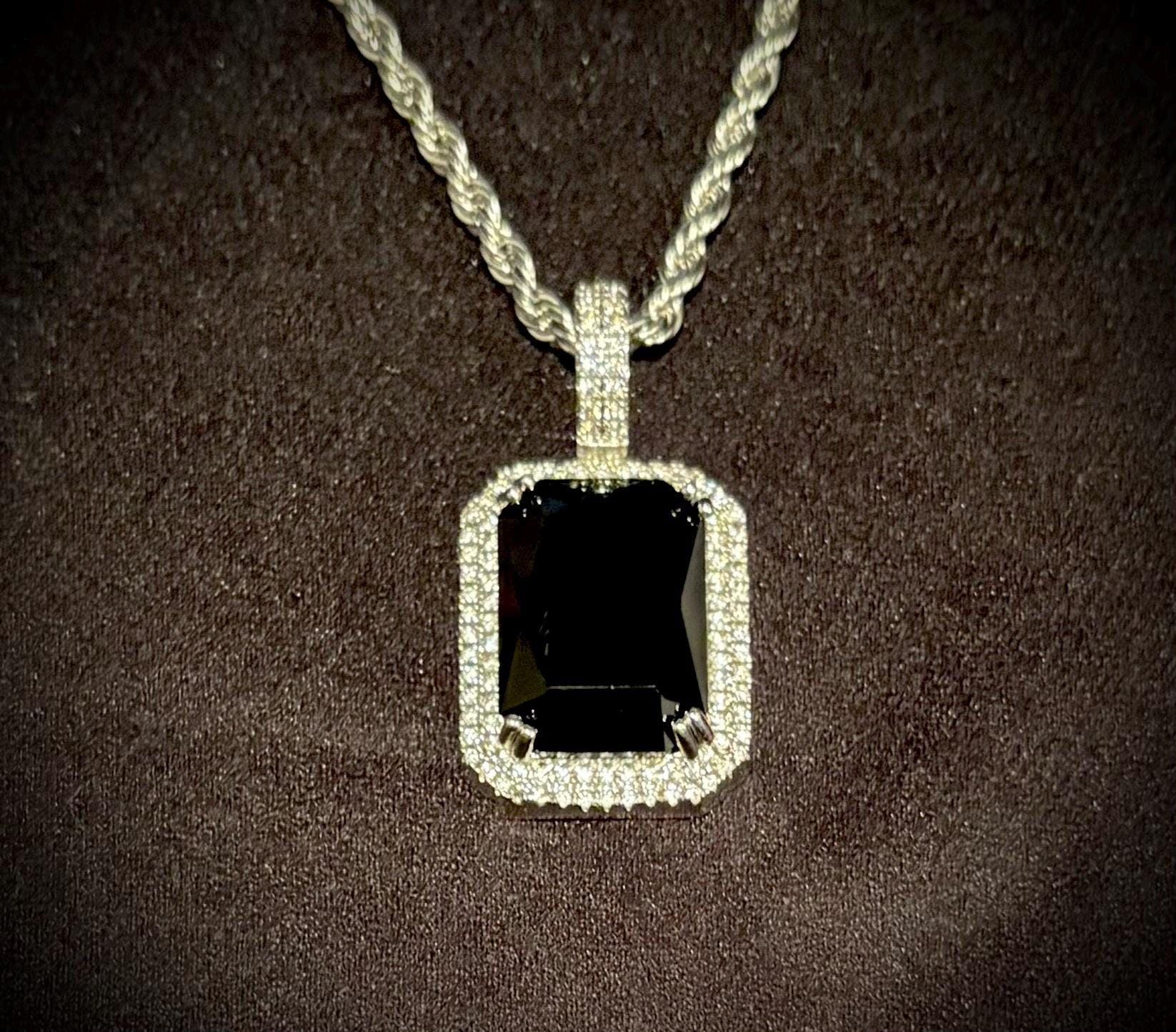 Iced-Out Stainless Steel Pendant with Lab-Created Sapphire & AAA CZ Stones – Necklace Included