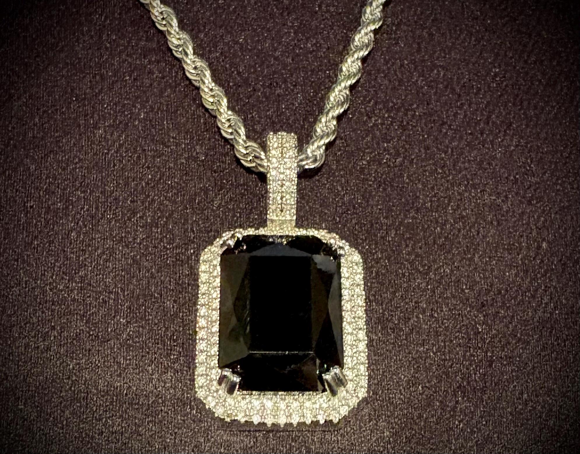 Iced-Out Stainless Steel Pendant with Lab-Created Sapphire & AAA CZ Stones – Necklace Included